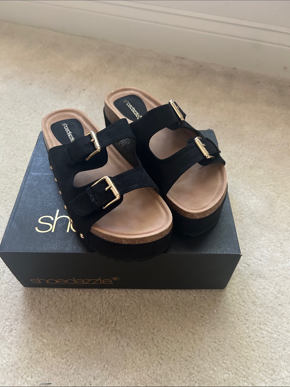 Shoe Dazzle Black Double Buckle Platform Sandals with Gold Hardware